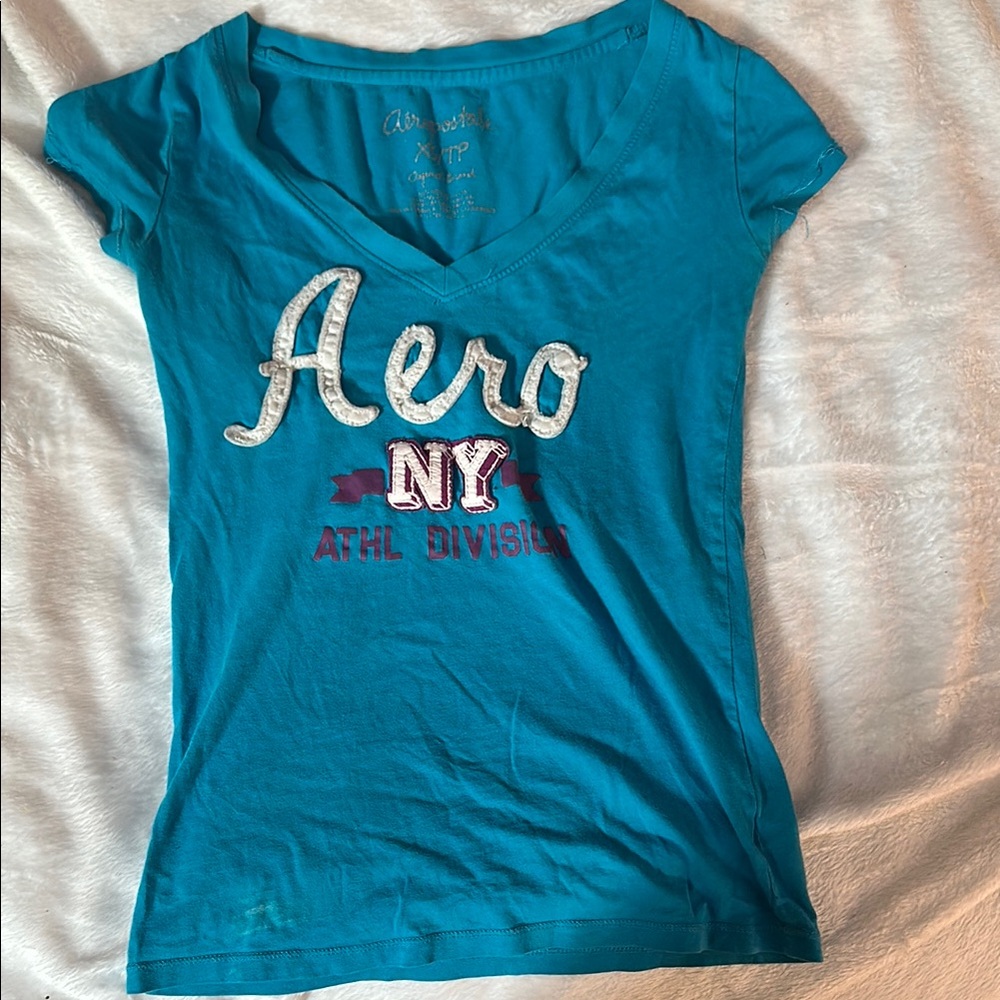 Aeropostale Blue Fitted V-Neck Short Sleeve Tee